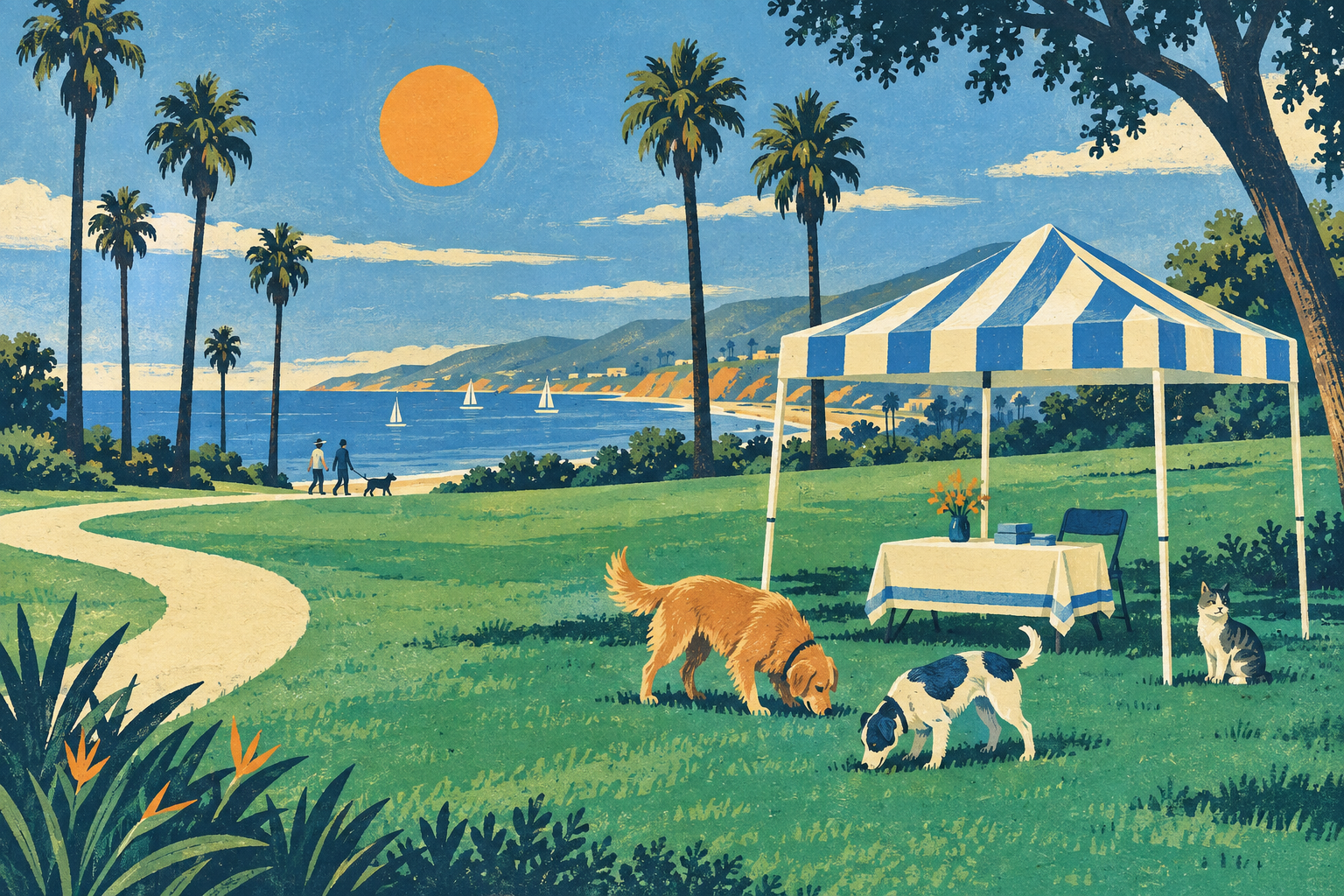 Illustration of a community Vaccine Vets clinic in a California park
